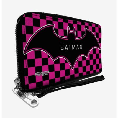 DC Comics Batman Bat Logo Checker Fuchsia Black Zip Around Rectangle Wallet