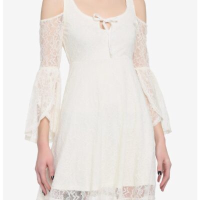 Ivory Cold Shoulder Bell-Sleeve Lace Dress