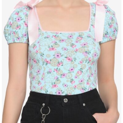 Blue Floral Clocks & Gears Girls Top