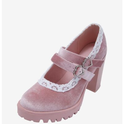 Pink Velvet & Lace High-Heeled Platform Mary Janes