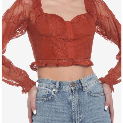 Rust Lace Corset Girls Crop Long-Sleeve Top