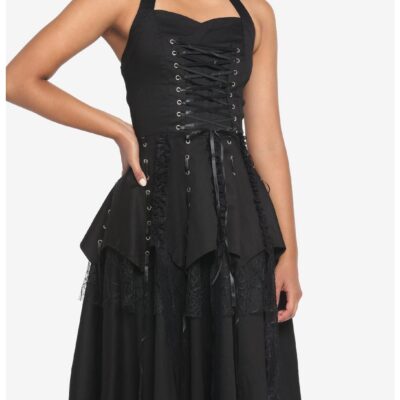 Black Gothic Tiered Halter Dress