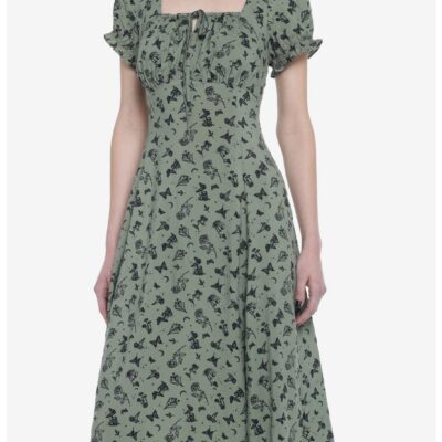 Green Butterfly Mushroom Empire Midi Dress