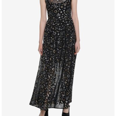 Cosmic Aura Astrology Foil Mesh Maxi Dress