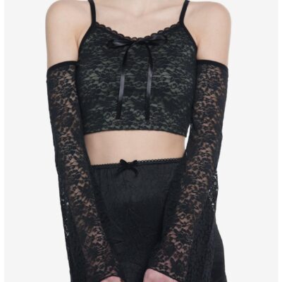 Thorn & Fable Green & Black Lace Cold Shoulder Girls Crop Top