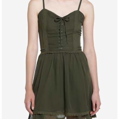 Thorn & Fable Olive Green Corset Lace-Up Sweetheart Cami Dress