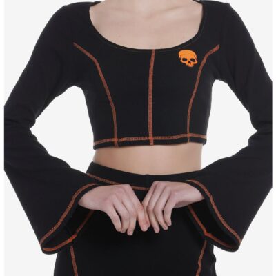 Social Collision Black & Orange Stitch Skull Bell Sleeve Girls Top