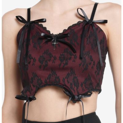 Cosmic Aura Burgundy Lace Cross Girls Crop Corset