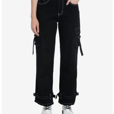 Black & White Contrast Stitch Strap Carpenter Pants