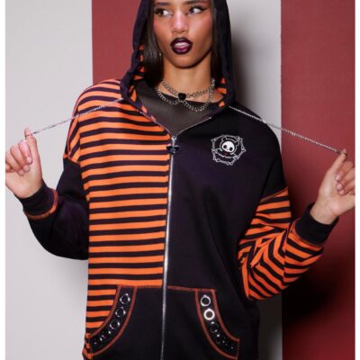 Skelanimals Diego Black & Orange Split Stripe Girls Oversized Hoodie