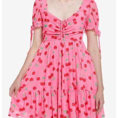 Sweet Society Cherries Pink Puff Sleeve Dress