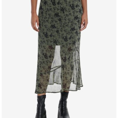 Social Collision Olive Floral Mesh Midi Skirt