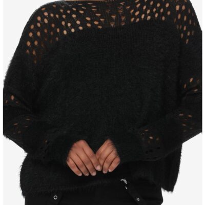 Social Collision Fuzzy Black Striped Fishnet Girls Knit Sweater