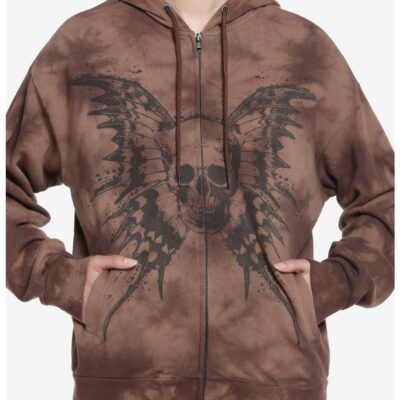 Thorn & Fable Butterfly Skull Brown Wash Girls Oversized Hoodie