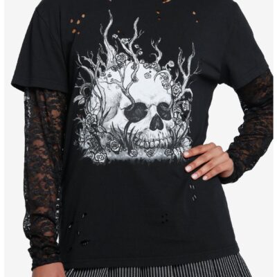 Skull Roots Lace Girls Long-Sleeve Twofer T-Shirt By Ghoulish Bunny Studios