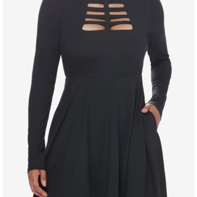 Cosmic Aura Black Cutout Mock Neck Long-Sleeve Dress