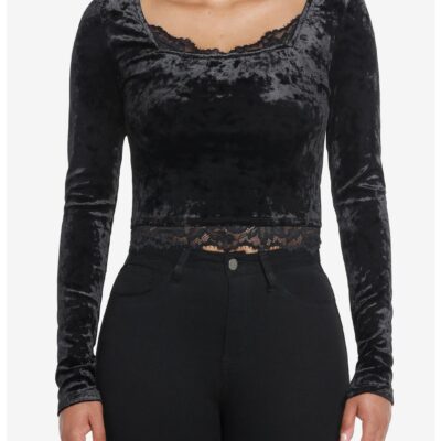 Social Collision Black Velvet Lace Girls Crop Long-Sleeve Top