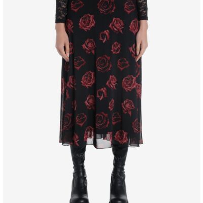 Cosmic Aura Red Rose Mesh Midi Skirt