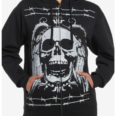 Social Collision Barbed Wire Winged Skull Girls Hoodie