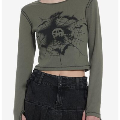 Skull Web Star Girls Crop Long-Sleeve Top