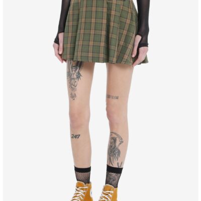 Social Collision Green & Brown Plaid Buckle Mini Skirt