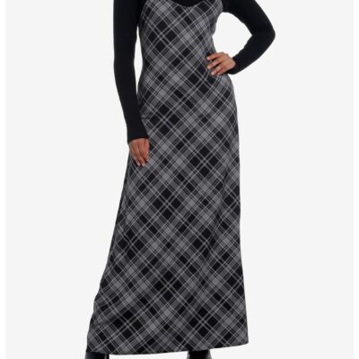 Social Collision Black & Grey Plaid Twofer Long-Sleeve Maxi Dress