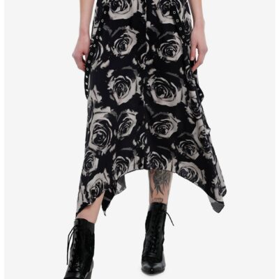 Black & Grey Rose Grommet Hem Hanky Hem Midi Skirt