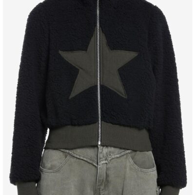 Social Collision Black Star Fuzzy Girls Crop Jacket