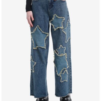 Social Collision Star Patch Wide Leg Denim Jeans