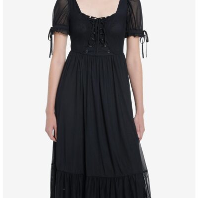 Cosmic Aura Black Lace-Up Mesh Puff Sleeve Midi Dress