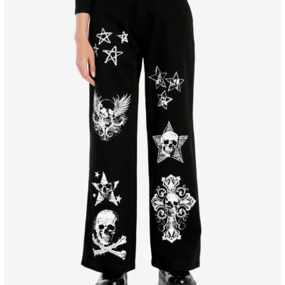 Black Skull Icons Belted Wide-Leg Jeans