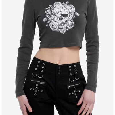 Social Collision Skull Rose Girls Crop Long-Sleeve Top