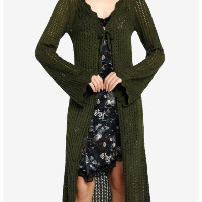 Thorn & Fable Green Tie-Front Girls Midi Knit Cardigan