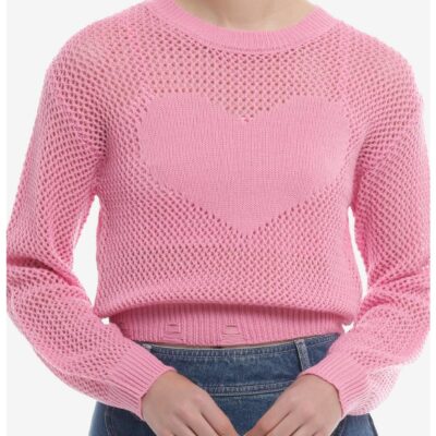 Pink Heart Open Knit Girls Sweater