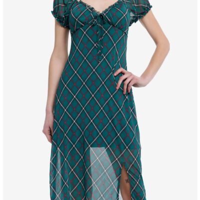 Green Plaid Empire Ruffle Midi Dress