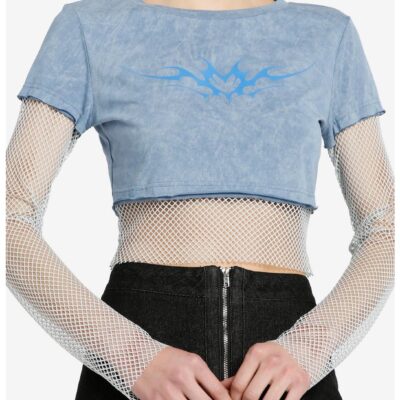 Light Blue Heart Mesh Girls Twofer Long-Sleeve Top