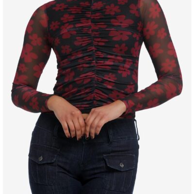 Thorn & Fable Red Daisy Mesh Girls Long-Sleeve Top