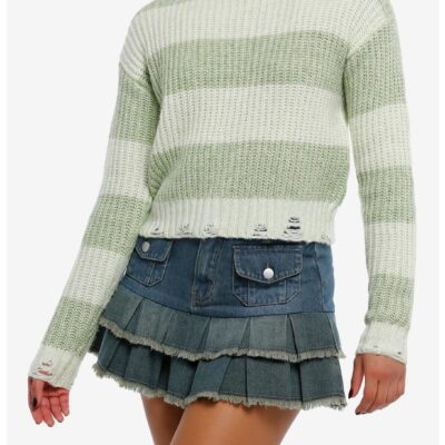 Light Green Stripe Cable Knit Girls Crop Sweater