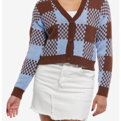 Brown & Blue Plaid Jacquard Knit Girls Crop Cardigan