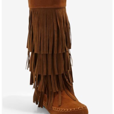 Yoki Brown Faux Suede Fringe Boots