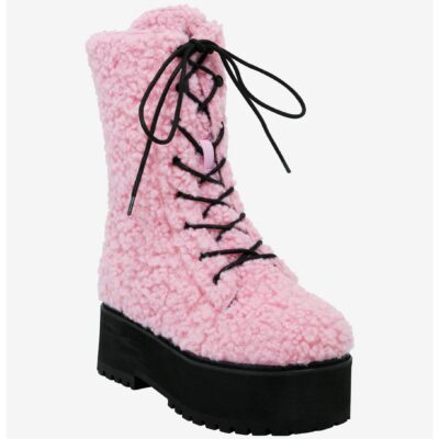 YRU Pastel Pink Sherpa Platform Combat Boots