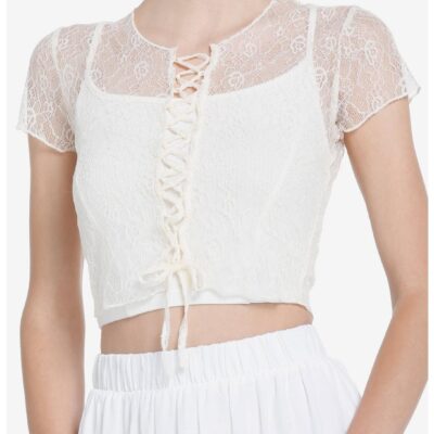 Thorn & Fable Ivory Lace-Up Girls Lace Crop Top