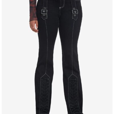 Social Collision Black Buckle Lace-Up Flare Pants