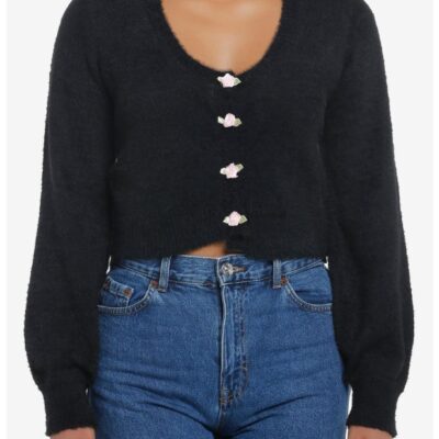 Sweet Society Black Fuzzy Rosette Buttons Crop Girls Cardigan