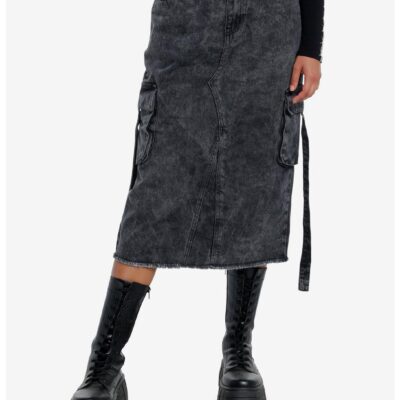 Black Acid Wash Cargo Denim Maxi Skirt