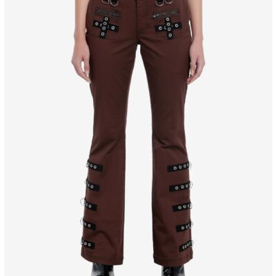 Social Collision Brown Contrast Grommet Strap Flare Pants